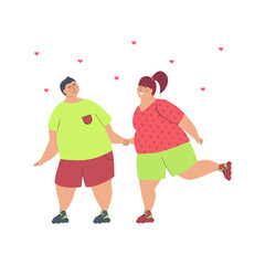 Happy plus size woman and man are rollerblading. Smiling overweight couple roller skating. Body positive young people. Vector hand drawn flat illustration