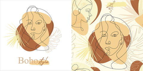 Set of seamless modern abstract pattern with portraits of girls in one line in the style of Mathis drawn in vector with elements of boho shapes for textiles and surface design