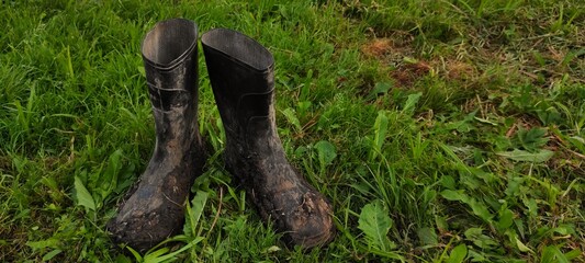 rubber black boots with dirt after working in the garden