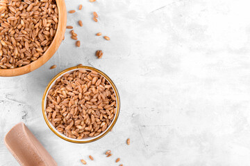 Wholegrain uncooked raw spelt farro in the bowls on grey stone table background, food cereal background, top view, copy space