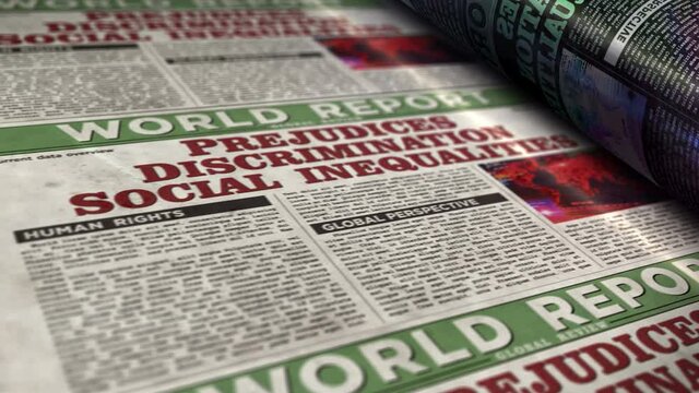 Prejudices, discrimination, social inequalities and bias global crisis daily newspaper report roll printing. Abstract concept 3d rendering seamless looped animation.