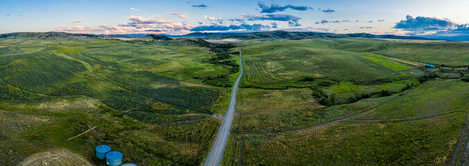 Lush southwest Montana foothills farmland fields patchwork panorama at sunrise - Gallatin Valley - Spanish Peaks - Rocky Mountains © Mark