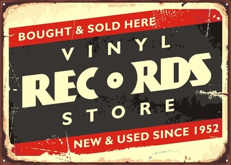 Vinyl records store retro sign design. Vintage advertisement for music record shop. Vector illustration.