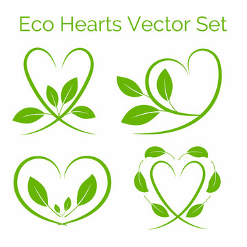 A set of green heart with leaves, eco symbol, isolated on white background. Vector icon