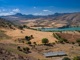 Village and farmland by the river. Beehives and yellowed croplands