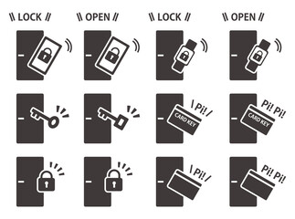 カギとドア、スマートキーのアイコンセット　ブラック