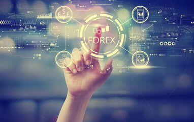 Obraz premium Forex trading concept with a hand pressing a button