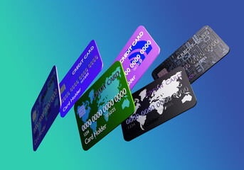 Set of multi-colored credit cards. Credit cards as metaphor for banking products. Design of bank cards with map of world. International loan products. Use of credit money. 3D illustration.