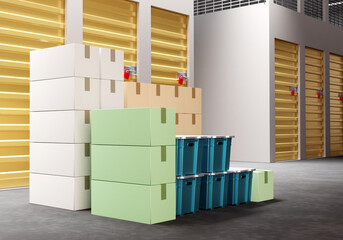 storage room is closed.  boxes are waiting to be loaded in storage room. Self storage units lease. Warehouse room with units. Self warehouse. Warehouse units with golden gates. 3d rendering.