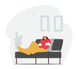 Freezing Female Character Wrapped in Warm Plaid, Winter Clothes, Hat and Mittens Sitting on Sofa Suffering of Low Degree