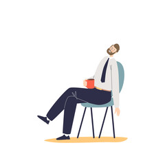 Tired overworked office worker man sleep sitting on chair. Stressed frustrated businessman burnout