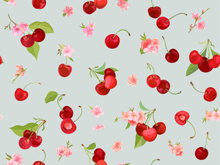 Watercolor cherry seamless pattern. Summer berries, fruits, leaves, flowers background