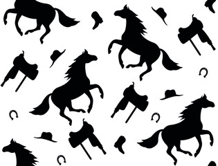 Vector seamless pattern of flat cowboy western horse silhouette isolated on white background