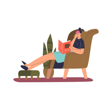 Tired exhausted woman falling asleep reading book at home on couch. Frustrated overwork female