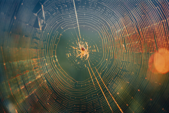 Beautifully sunlit spider web during sunset golden hour