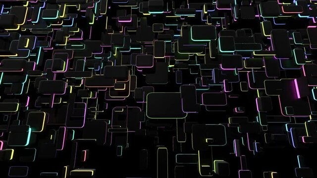 abstract looped 4k dark bg with neon light. Network of different sizes blocks as multicolor light bulbs.Bg for show or events, exhibitions, festivals or concerts, music videos, VJ loop for night clubs