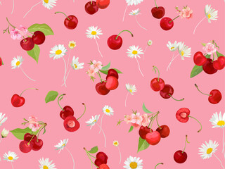 Seamless cherry pattern with summer berries, fruits, leaves, flowers background