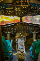 Control panel inside the plane. Photo taken with vintage models of military aircraft and fighters...