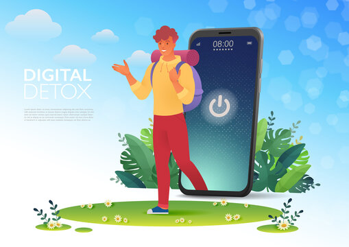 Man walks out from smartphone screen with turning off sign pursues nature. Digital detox concept vector banner.
