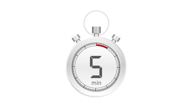 The 5 minutes, stopwatch icon. Stopwatch icon in flat style. Motion graphics.