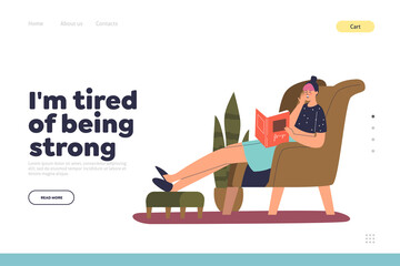 Tired of being strong concept of landing page with exhausted woman falling asleep reading book