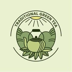Logo Traditional green tea. Teapot on the background of the forest. Vector image.