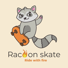 The raccoon logo does tricks on the skateboard. Vector image.