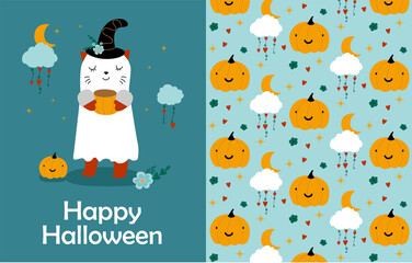 Cute halloween, childish character cat in ghost costume and funny pumpkin pattern with clouds and moon. Set of vector illustrations in flat style.