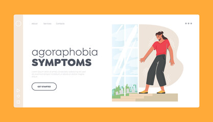 Agoraphobia Symptoms Landing Page Template. Introversion, Public Spaces Phobia. Scared Woman Afraid of Leaving Home