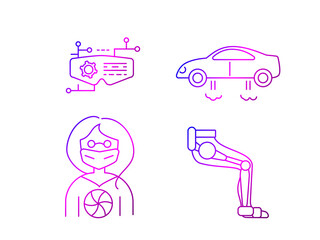 Cyberpunk outline icons set. Futuristic flying car. Exoskeleton leg. Virtual reality glasses