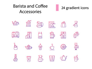 Professional barista accessories outline icons set. Drink making appliance. Isolated vector stock illustration