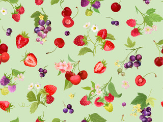 Watercolor cherry, strawberry, raspberry, black currant seamless pattern. Summer berries, fruits, leaves