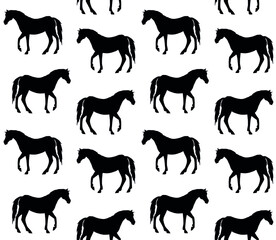 Vector seamless pattern of hand drawn horse silhouette isolated on white background