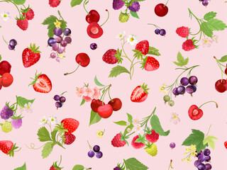 Seamless cherry, strawberry, raspberry, black currant pattern with summer berries, fruits, leaves, flowers
