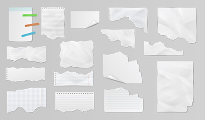 Fototapeta premium Different paper sheets, torn strips, memos and notes. Realistic paper scraps with torn edges