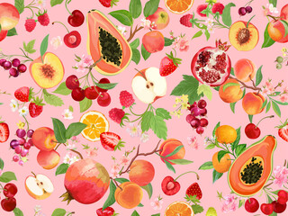Watercolor peach, strawberry, black currant, cherry, apple, mandarin, orange seamless pattern