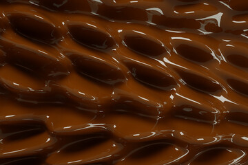 3D pouring liquid cocoa. Chocolate splash on brownish creamy background. Macro shot of liquid coffee splash