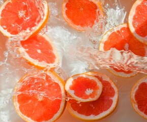 Close-up fresh slices of red grapefruit on white background. Slices of grapefruit in sparkling water on white background, closeup. Citrus soda. Copy space
