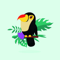 Illustration of a toucan bird with a red beak on a background of tropical leaves and flowers
