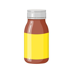 Medical syrup in bottle isolated on white background. Liquid medicine for sore throat, cold, flu and other respiratory tract infection. Vector cartoon illustration.