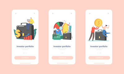 Fototapeta na wymiar Investors Portfolio Mobile App Page Onboard Screen Template. Tiny Characters at Huge Briefcase and Pie Chart, Market