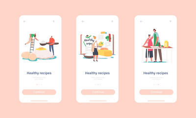 Healthy Recipes Mobile App Page Onboard Screen Template. Characters Use Cooking Book. Mixing Ingredients for Bakery