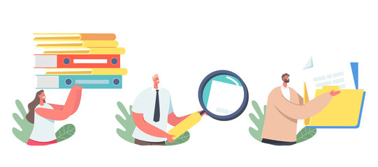 Set Files Organization, Document Management. Business Characters with Folders, Magnifying Glass and Paper Docs, Archive