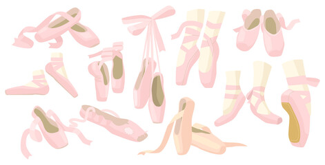 Ballerina Pointe Ballet Shoes, Slippers with Pink Ribbons Isolated on White Background. Footgear for Dancing