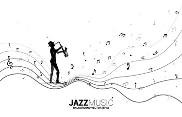 Vector silhouette of saxophonist with music melody note dancing flow . Concept background for jazz music concert and recreation.
