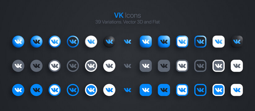 VK Icons Vector Set Modern 3D And Flat In Different Variations. Vkontakte Social Media Network VK Logo Icon