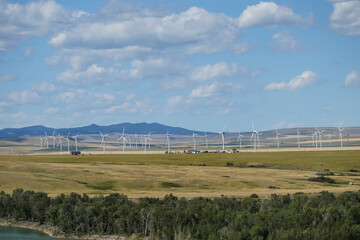 Wind turbines along the highways of southern Alberta Canada