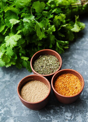 Pepper,paprika, basilik.Georgian food. Georgian spices on a plate.	