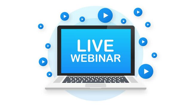 Free Webinar Icon, flat design style with red play button on laptop. Motion graphics.