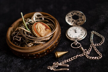 
family jewelry box and cameo with watch